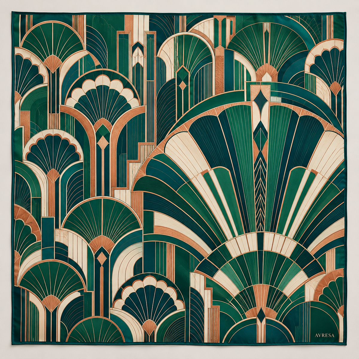 AVRESA G03 Deco Ritim — art deco yelpazeler ve mimari çizgiler, üretim öncesi temsilî eşarp tasarımı